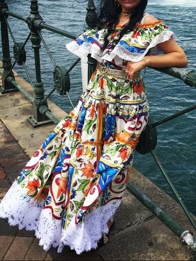 Dolce & Gabbana Sicily Majolica Off Shoulder Cotton Lace Maxi Dress IT 42 US 6